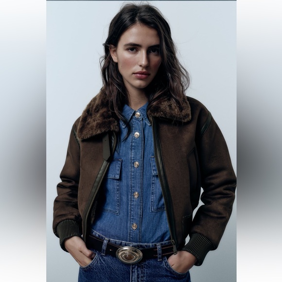 Zara double faced jacket aviator bomber coat faux fur suede brown XS 6318/239 - Picture 6 of 16